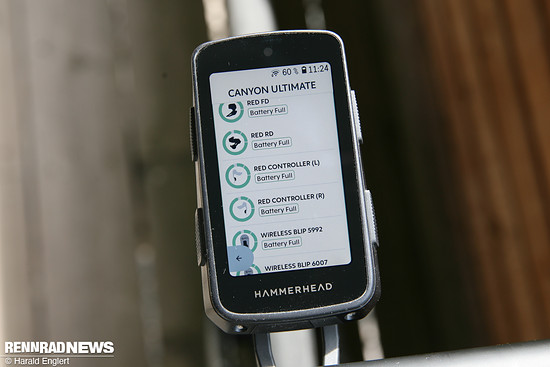 Die Akkuzustände sämtlicher SRAM Komponenten am Rad werden optisch klar dargestellt